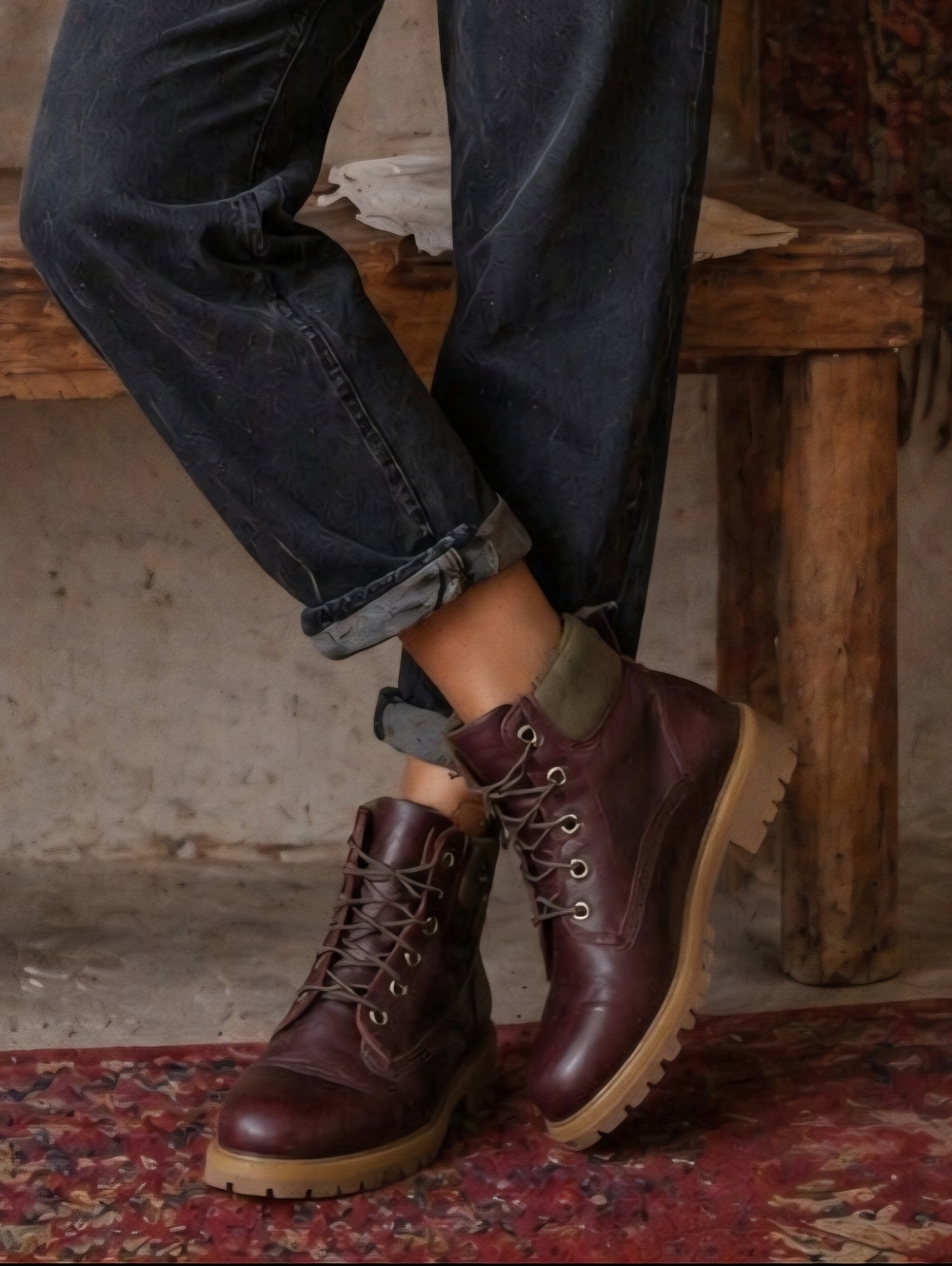 Timberland Burgundy Leather Combat Boots Lug Sole Utility Grunge 8.5